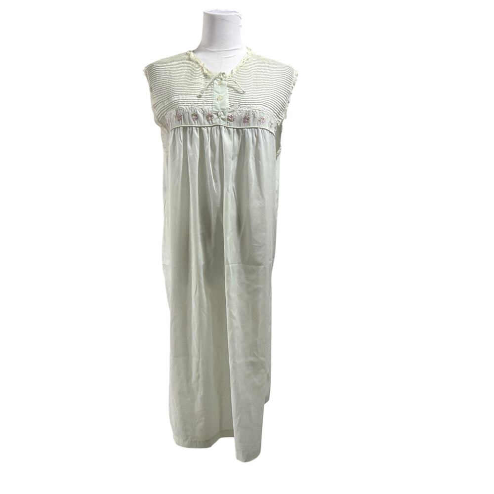 Vintage Barbizon Mint Pastel Green Floral Embroidered Sml Midi Satin Nightgown